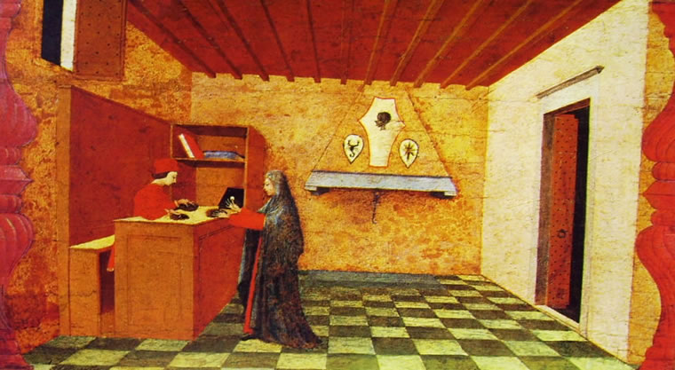 Paolo Uccello: Miracolo dell’ostia profanata, Galleria Nazionale delle Marche, Urbino. Primo episodio, cm. 33 x 58,5.
